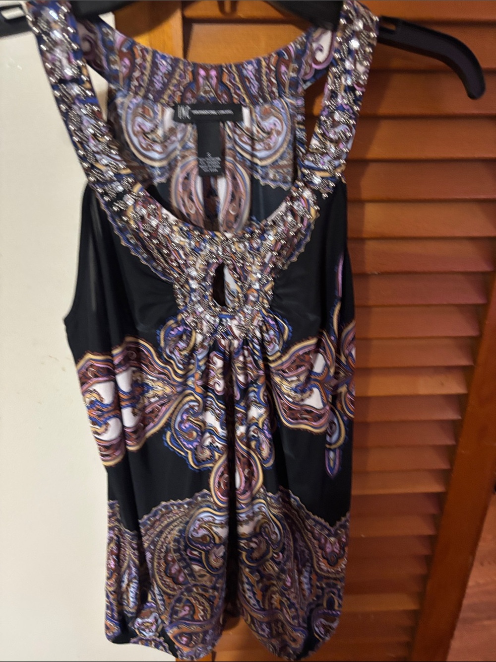INC International Concepts Black One-Shoulder Paisley Top with Beaded Neckline